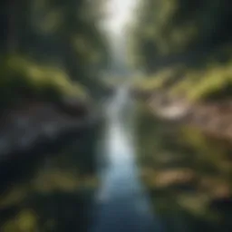 A serene landscape showcasing a pristine water source surrounded by nature