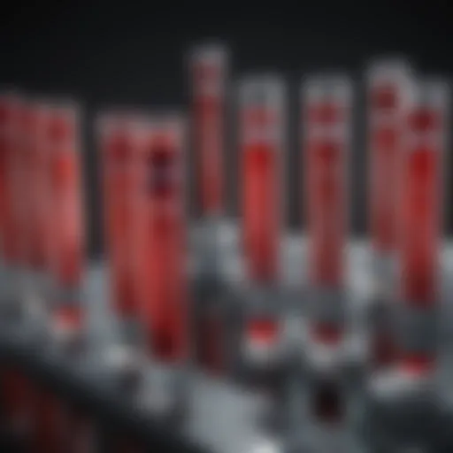 A detailed view of various blood test tubes labeled with markers relevant to cancer diagnostics.