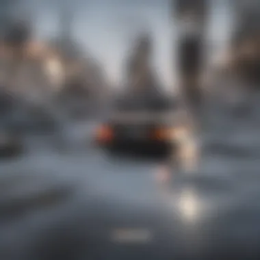 Modern Car in Urban Environment A sleek modern car navigating through a bustling cityscape