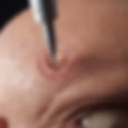 Detailed view of a biopsy needle targeting a cranial mass