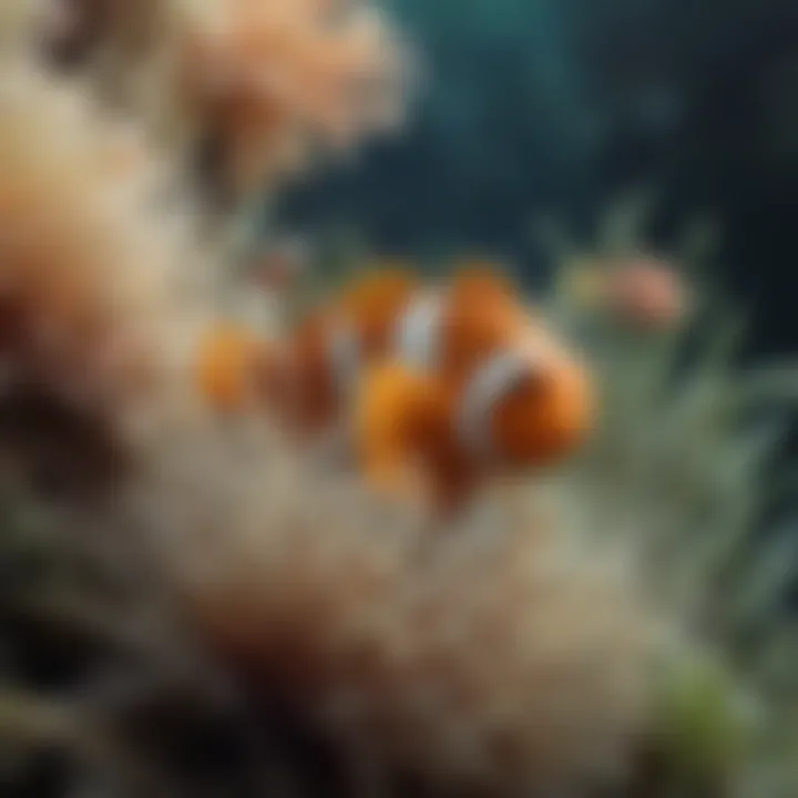 Close-up of clownfish nestled among sea anemones.