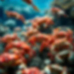 Vibrant underwater scene showcasing various crab species in their natural habitat.