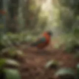 A vibrant coffee farm teeming with diverse bird species.