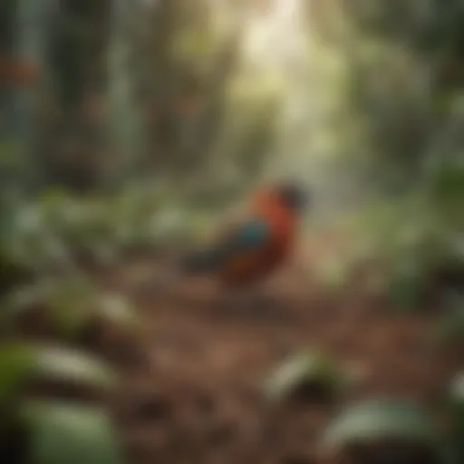 A vibrant coffee farm teeming with diverse bird species.