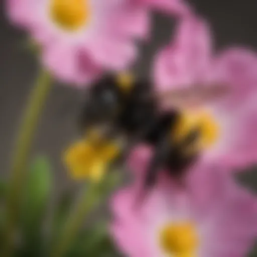 A close-up of a bumble bee on a primrose flower, illustrating the pollination process.