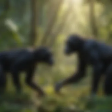 Bonobos foraging in lush forest ecosystem