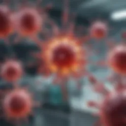 A close-up of antibodies interacting with target antigens in a lab setting