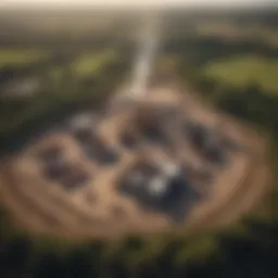 Aerial view of a fracking site surrounded by natural landscapes