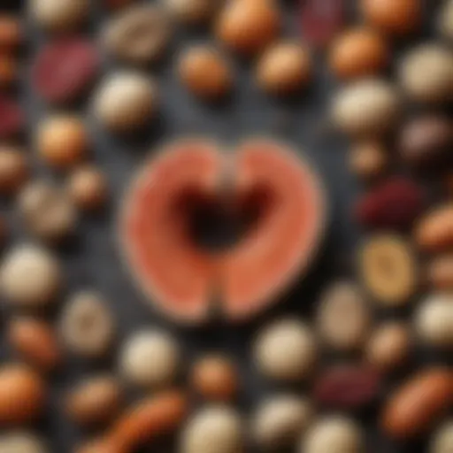 Visual representation of kidney stones alongside dietary components