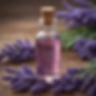 A close-up of lavender essential oil with lavender flowers