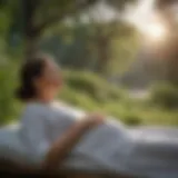 A serene landscape depicting a pregnant individual practicing relaxation techniques to manage migraines.