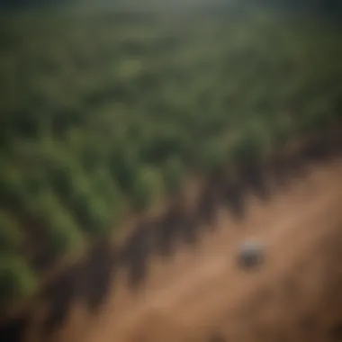 A drone view of a large-scale reforestation site with young saplings planted