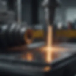 Close-up view of shot peening equipment in action