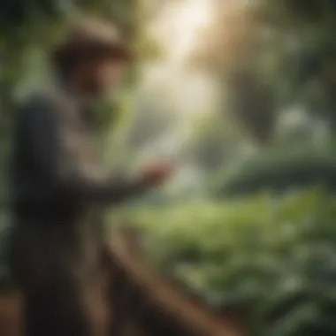 A coffee farmer examining crops with natural habitats in the background.