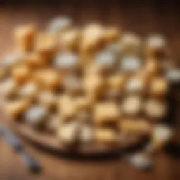 A close-up of various cheese types arranged on a wooden platter