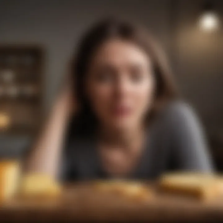A person experiencing a migraine in a calm, dimly lit room