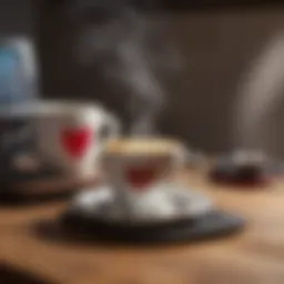 A steaming cup of coffee on a wooden table with a heart monitor graphic in the background