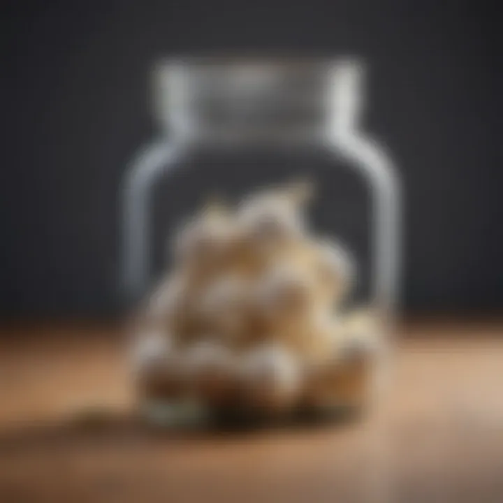 Close-up of garlic pills in a glass container