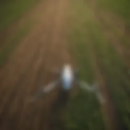 Aerial view of a technologically advanced farm with drone surveying crops.