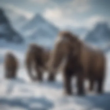 Artists' reconstruction of woolly mammoths in a glacial environment