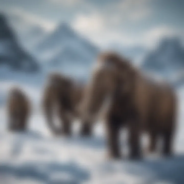 Artists' reconstruction of woolly mammoths in a glacial environment