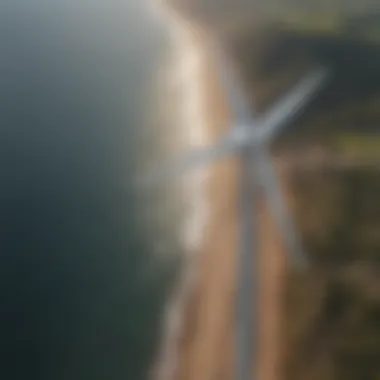 Expansive Coastal Wind Energy An aerial shot of a coastal wind energy project, illustrating the expansive potential of renewable resources.