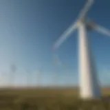 A vibrant wind farm set against a clear blue sky, showcasing large turbines in motion.