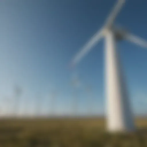 A vibrant wind farm set against a clear blue sky, showcasing large turbines in motion.