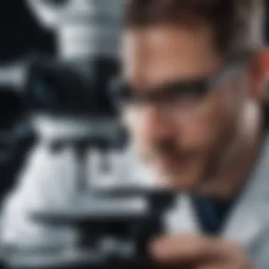 An artistic representation of a scientist examining a sample under a microscope, showcasing the focus and detail involved in research.